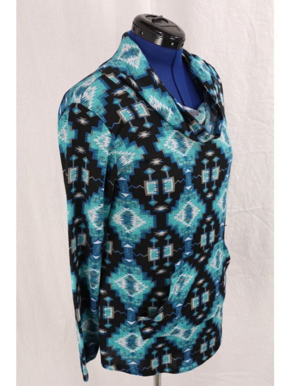 Aztec Southwestern Top Womens 1X Teal Black Cowl Neck Hoodie Kangaroo Pocket VTG - Picture 6 of 12